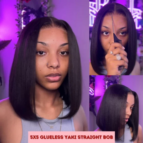 Yaki Straight Glueless Bob 5X5 Lace Wigs Pre Plucked Kinky Straight Lace Closure Wig Virgin Human Hair 180% Density